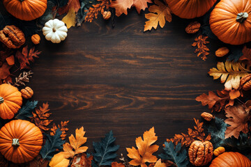 Wall Mural - autumn pumpkins and leaves on a wooden background. ideal for thanksgiving or fall-themed designs.