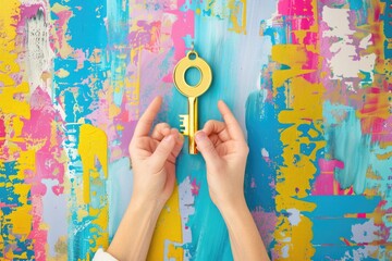 Aufkleber - A person holds a golden key against a vibrant wall, perfect for illustrations and designs