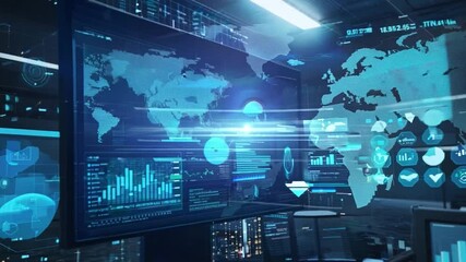 Poster - A digital screen showcases various global data analytics and metrics in a modern, tech-driven workspace.