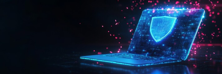 Poster - an abstract representation of cybersecurity featuring a laptop and a modern blue shield, emphasizing