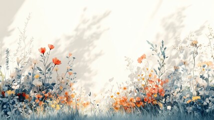 Wall Mural - Watercolor Floral Background with Soft Shadows and White Wall