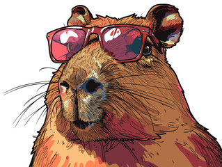 Poster - A cartoon of a capybara wearing sunglasses. The monkey has a happy expression on its face