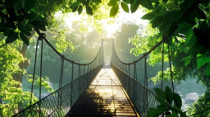 Poster - A serene hanging bridge surrounded by lush green trees. The sunlight gently flows through the leaves, creating a peaceful atmosphere. Perfect for nature lovers and adventure seekers. AI