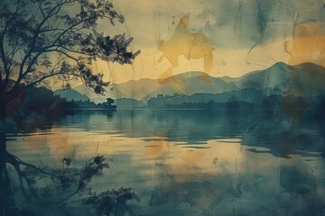 Poster - A serene lake scene with a tree standing tall in the foreground