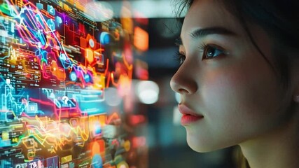 Poster - A young woman studies a bright digital display showcasing animated data graphics in a modern environment.