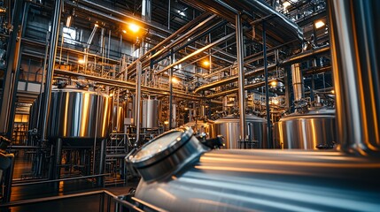 Wall Mural - Industrial facility with large metallic tanks and pipes, illuminated by overhead lights.