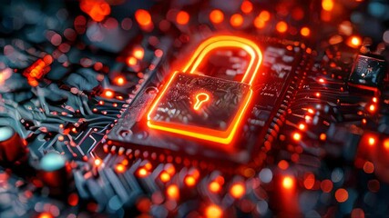 Poster - A glowing padlock on a digital circuit board, symbolizing cybersecurity and data protection