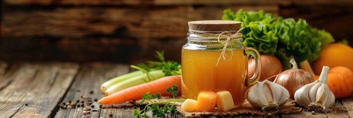 Sticker - Beef Bone Broth in a Jar with Fresh Vegetables on a Rustic Wooden Surface