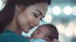 © VIK - A nurse holds a day-old infant in her arms in a modern hospital setting, her expressions expressing her genuine emotions of nurture and care