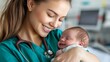 © VIK - During a tender moment with a day-old infant in her arms, a nurse expresses her true emotions of nurturing and caring through her posture and expression.