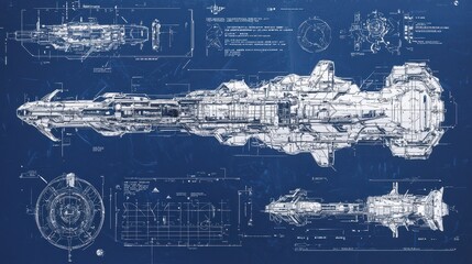 Futuristic Spaceship Blueprint Illustration on Blue Background