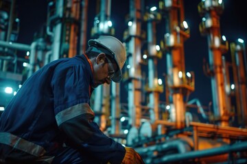 Wall Mural - A man in a hard hat sits on a pipe, possibly taking a break or inspecting the site