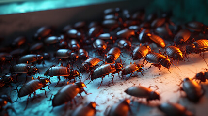 Wall Mural - multitude of cockroaches invading a home. The sight of Germanic cockroaches and Blatta orientalis reveals their prevalence, symbolizing the presence of unsanitary conditions and filth.