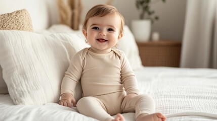 Canvas Print - A baby in a white onesie sitting on the bed, AI