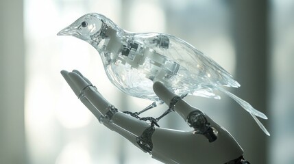 Aufkleber - A transparent robotic bird perched elegantly on a mechanical hand. This blend of technology and nature showcases modern artistry. Ideal for futuristic themes and designs. AI