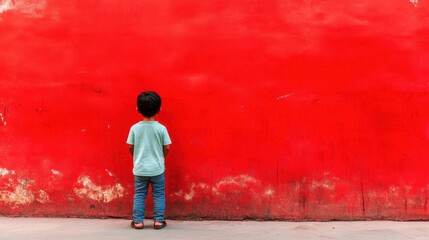 Wall Mural - A young boy standing in front of a red wall, AI