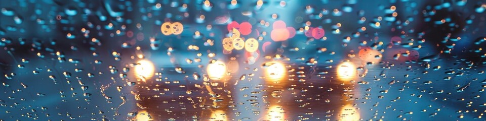 Poster - Vehicles with glowing headlights viewed through a windshield speckled with raindrops