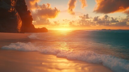 Wall Mural - Sunset Over Ocean Beach with Golden Clouds and Rocky Cliffs