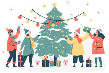 Christmas celebration with friends decorating Christmas tree. Colorful flat design illustration