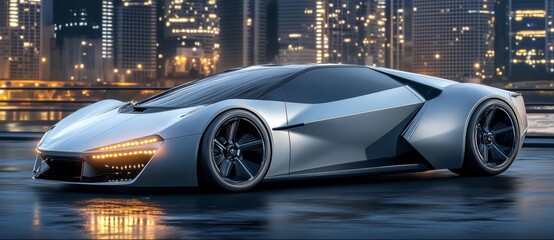 An image of a futuristic modern high speed sport car driving through the city at night with neon lights.