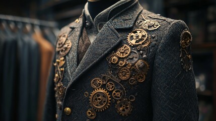 Wall Mural - A detailed and realistic steampunk coat adorned with intricate gears showcasing Victorian fashion.