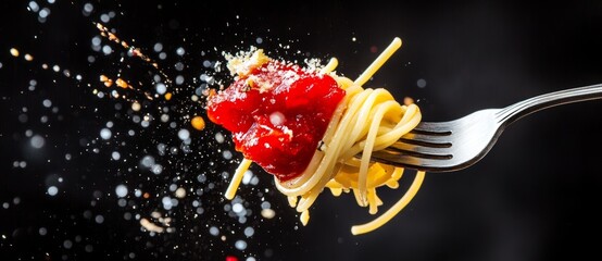 A close-up shot of delicious spaghetti pasta on a blurred background.