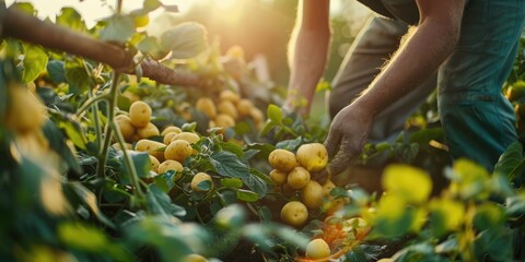 Wall Mural - Close up of a farmer harvesting organic yellow potatoes in a garden Agriculture potato cultivation