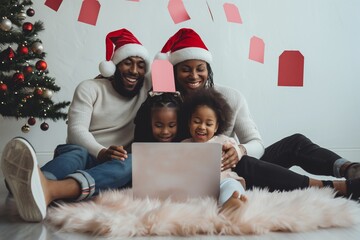 Wall Mural - A happy family, wearing Santa hats, celebrates Christmas indoors with laptops, embracing the holiday spirit with joy and warmth. They bond, relax, and enjoy the festive season together