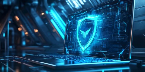 Poster - this artwork symbolizes the importance of cyber security, featuring a blue guard shield over a lapto