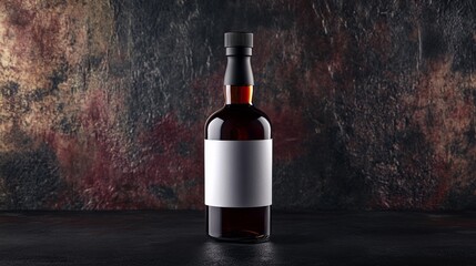 Stock image of a blank label product on a whiskey liquor bottle against a dark stone background.