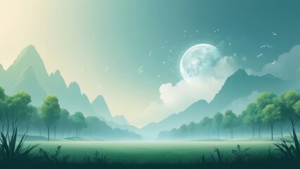 Wall Mural - landscape with mountains and fog