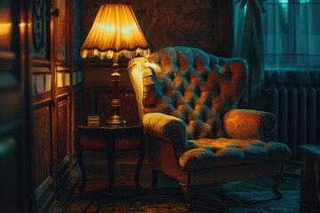 Aufkleber - A simple scene of a chair and a lamp in an interior setting