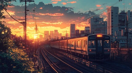 Wall Mural - anime city landscape with train