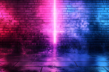 Wall Mural - Rays neon light on neon brick wall. Empty scene. Neon reflections on wet asphalt. Cyberpunk background with copy space.