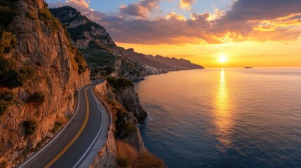 The dramatic coastal cliffs and winding roads of the Amalfi Coast, Italy, bathed in golden light