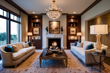 Stylish Living Room Design Featuring Cozy Fireplace and Chic Coffee Table Display