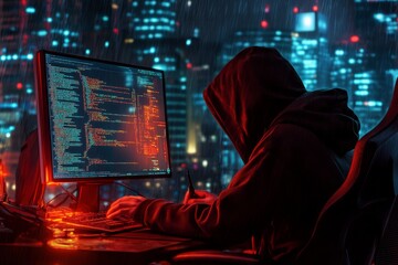 Poster - The dark silhouette of a hacker deeply immersed in lines of complex code represents the intricate relationship between technology and cybersecurity in our everevolving digital age