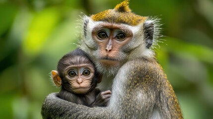 Wall Mural - A mother monkey holding her baby in a tree, AI