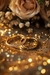 Sticker - Two 24k gold wedding rings placed on a wooden table, perfect for wedding or anniversary imagery