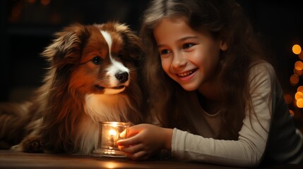 image of happy adorable kids at home playing with dog next to the Christmas tree