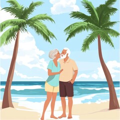 Canvas Print - An elderly couple standing on the beach under palm trees, AI