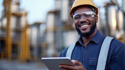 Smiling Industrial Worker Using Digital Tablet