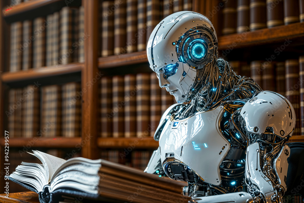 Robot AI reading a book in a library, artificial general intelligence ...