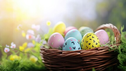 Wall Mural - colorful easter eggs in basket . With copy space