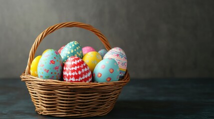 Poster - colorful easter eggs in basket . With copy space