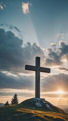 Cross in front of a stormy sky - panoramic image, Cross of Jesus Christ on the hill at sunset. Conceptual image, Conceptual wood cross or religion symbol shape over a hill with a dramatic sky.