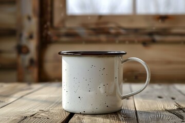 Poster - A single white coffee cup sits on top of a wooden table, ready for use