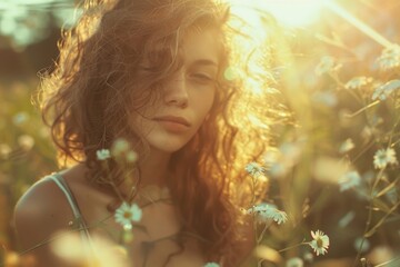 Wall Mural - A woman stands amidst a colorful bouquet of flowers