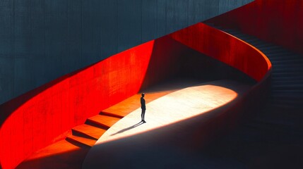 Poster - A solitary figure stands in a bold architectural space. Vivid red and subdued tones create a striking contrast. 