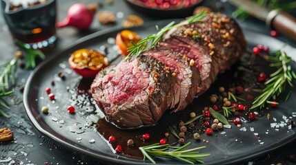 Close up of a juicy and delicious steak on a black plate with rosemary, salt, peppercorns, and a red onion in the background.